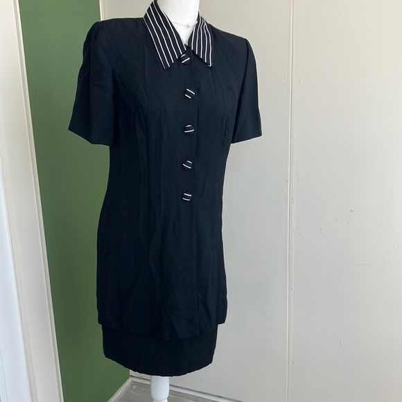 Vintage 80s 90s Striped Collar Black Dress - Picture 1 of 7